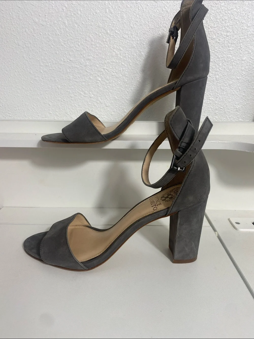 Vince Camuto Charcoal Suede Ankle-Strap Block Heels Size 7.5 M